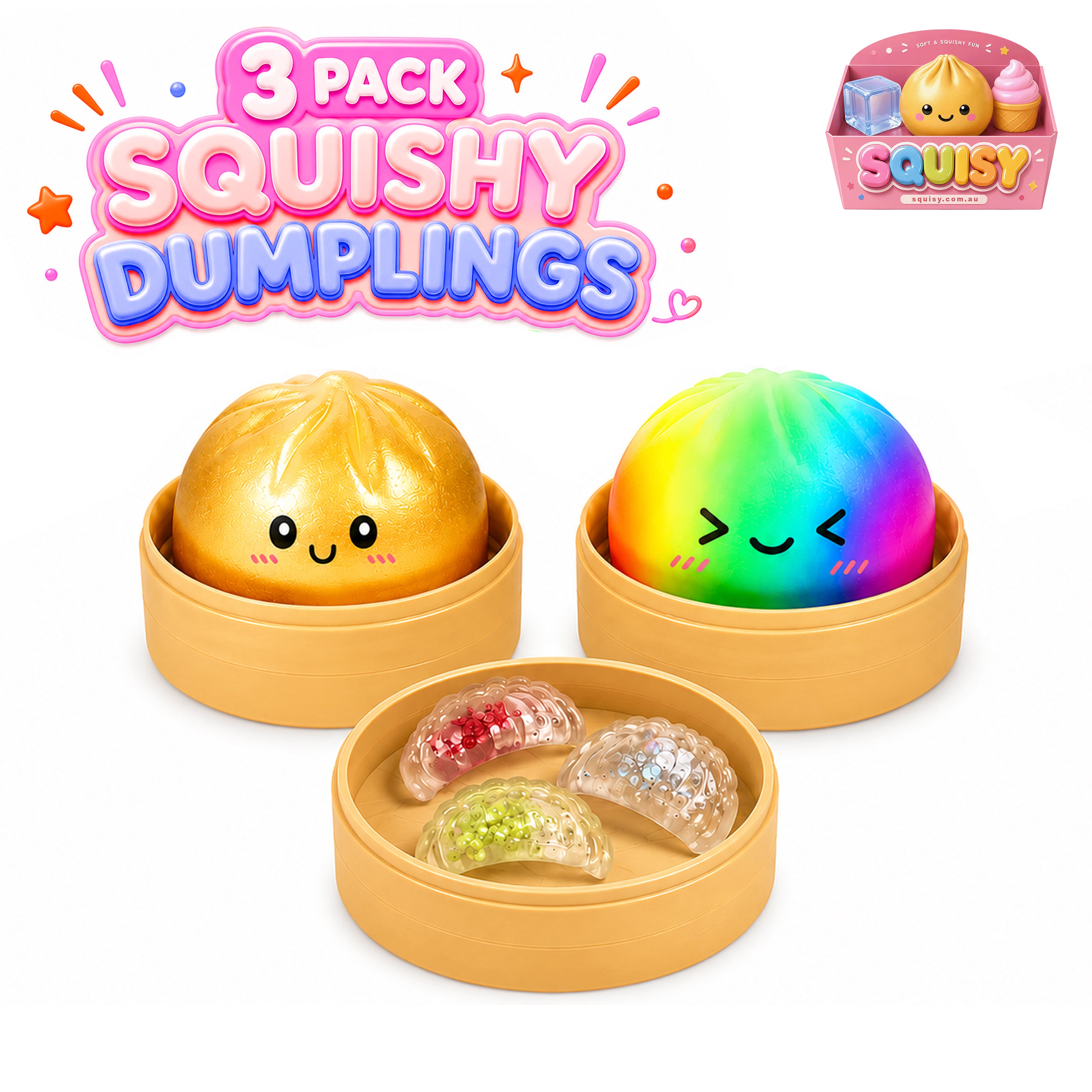 3 Pack Dumpling Squishy - Slow Rise + Rainbow+Shrimp Sensory Stress Relief Toy