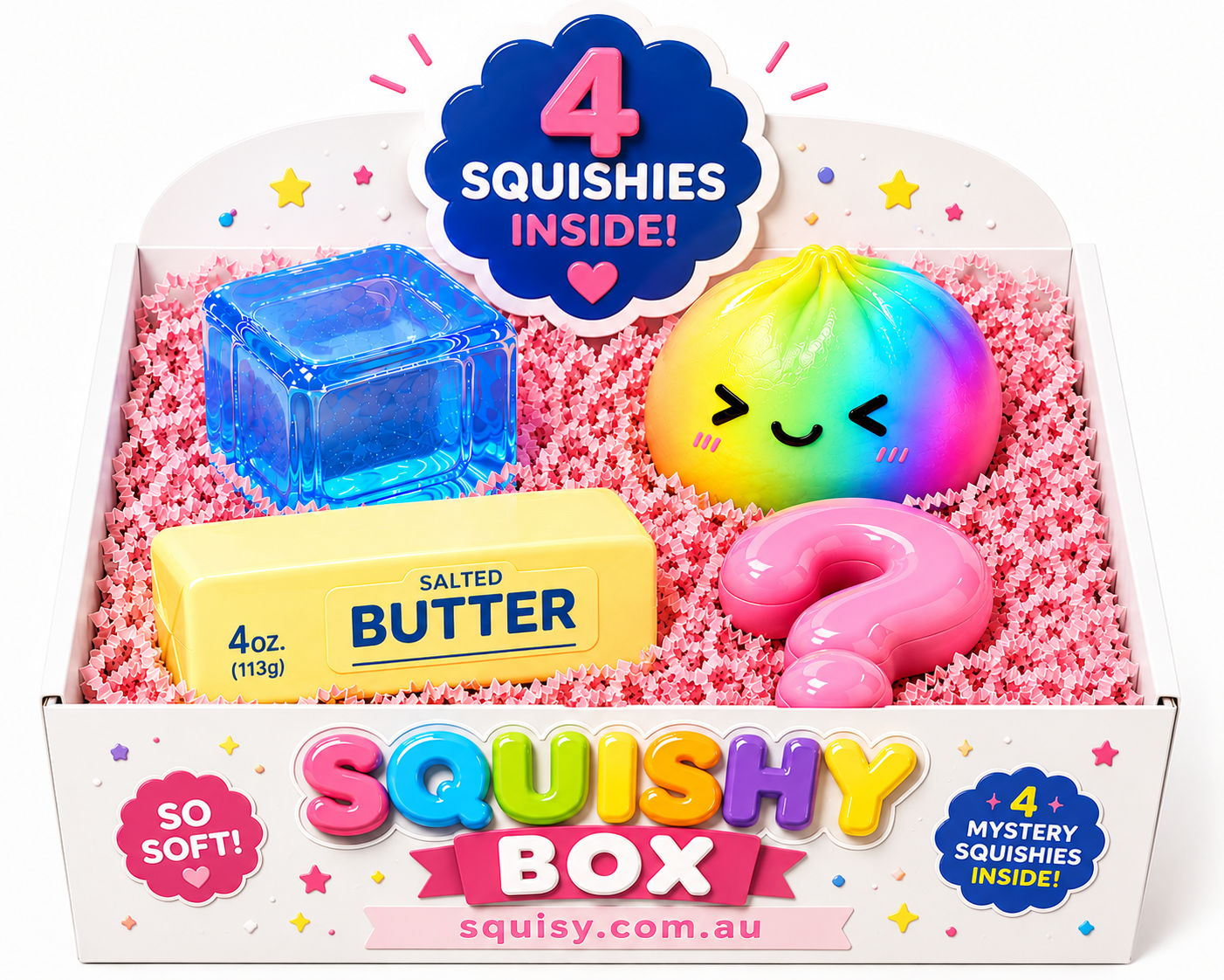 4-Piece Squishy Lucky Box –  Random Squishy & Ice Cube & Butter & Rainbow Dumpling Sensory Stress Relief Toy