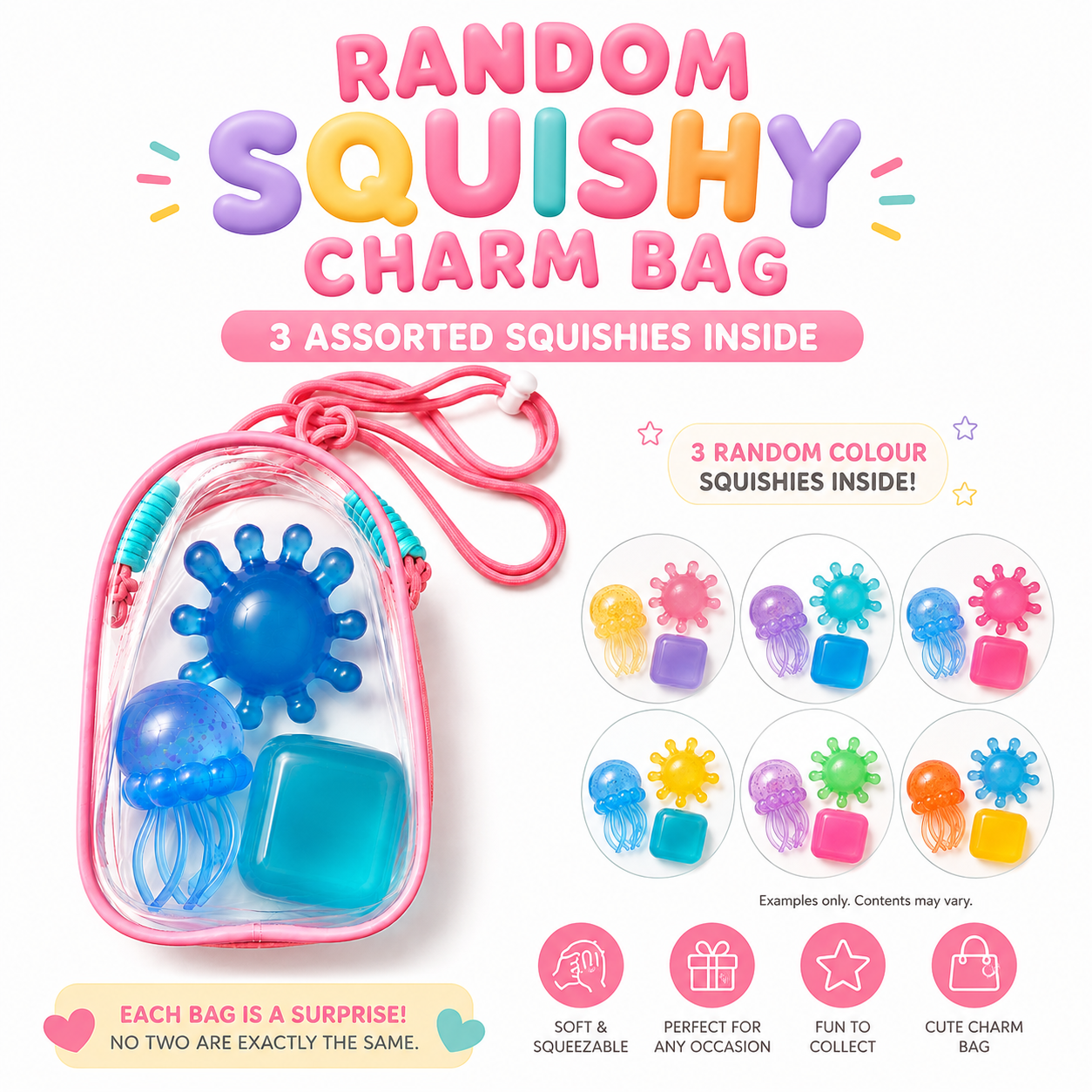 Squishy Charm Bag – 3 Random Colour Squishies Inside
